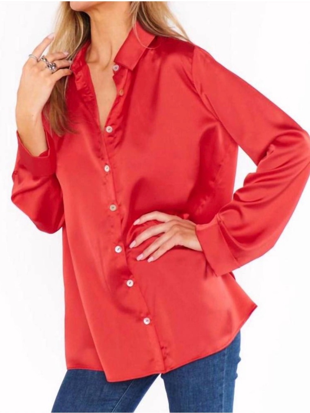 NWT SHOW ME YOUR MUMU Smith Button Down Red Lux Satin Size Large